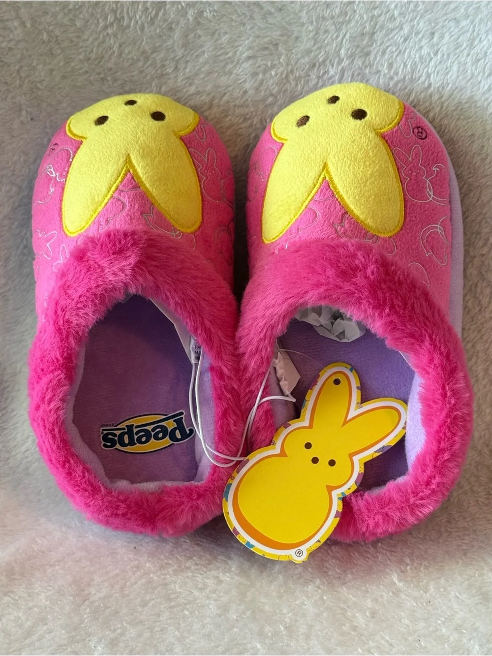 Peeps Pink & Yellow‎ Bunny Slippers faux Fur 9-10 Girls